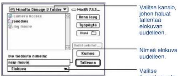 Minolta Dimoge U Folder Camera Access bodies my movie MacOS 7.5.3... Rana leuy Tyapayta Ihusi Ikuhtunhda... Valitse kansio, johon haluat tallentaa elokuvan uudelleen. Nimeä elokuva uudelleen. Valitse tiedostemuto