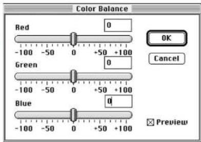 Color Balance Red 0 -100 -50 0 +50 +100 Green 0 -100 -50 0 +50 +100 Blue 0 -100 -50 0 +50 +100 OK Cancel Preview