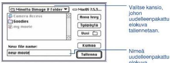 Minolta Dimoge U Folder Camera Access Goodies my movie MacOS 7.5.3... Rimia levy Työpöytä Uusi New file name: new movie Kumoa Talicnna Valitse kansio, johon uudelleenpakattu elokuva tallennetaan. Nimeä uudelleenpakattu elokuva