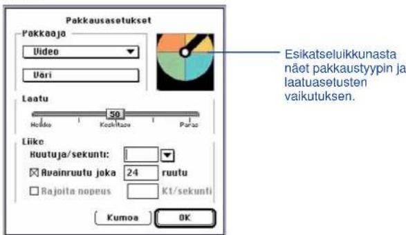 Pakkausasetukset Pakkaaja Video Uori Esikatseluikkunasta näet pakkaustypin ja laatuasetusten vaikutuksen. Laatu 50 Hokko Koshitaa Parao Liike Ruutuja/sekunti: Avainruutu joka 24 ruutu Rajoita nopeus Kt/sekunti Kumoa OK