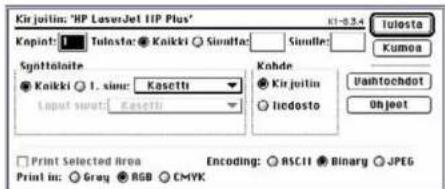 Kir joulin: "HP LaserJet HIP Plus" Kopint: 1 Tulosta: Knikki Simulta: Simulta: Sgottoloitte Knikki 1. sine: Kasetti Input sout: Kasetti Kohde Kir joulin Iiedosto Vantochdot Object Print Selected Area Encoding: ASCII Binary JPEG Print in: Gray RGB CMYK