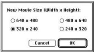 New Movie Size (Width x Height): ○ 640 x 480 ○ 480 x 640 ● 320 x 240 ○ 240 x 320 Cancel OK