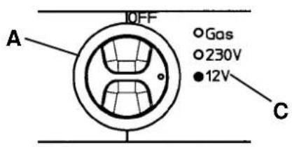 OFF, A, ○Gas, ○230V, ●12V, C
