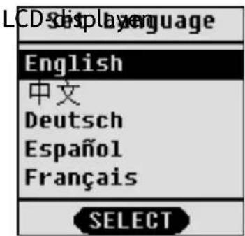 LCD display language English 中文 Deutsch Español Français SELECT