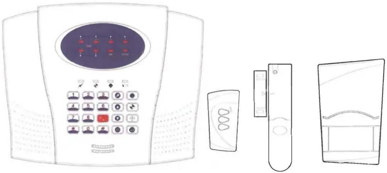 Line drawing of a smart home security device with labeled buttons and control panel