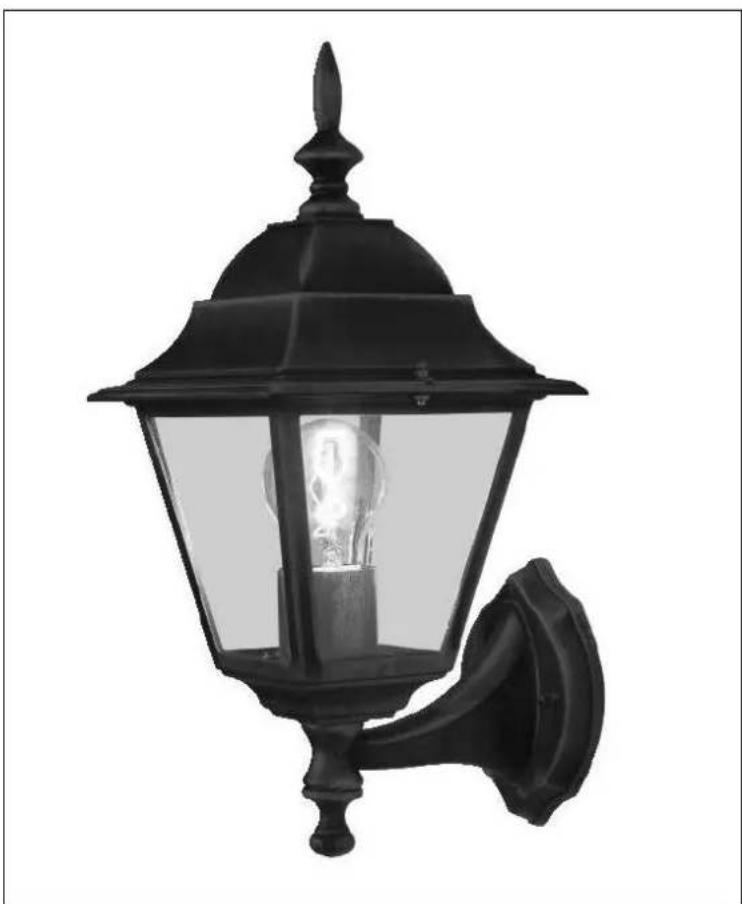 Black decorative street lamp with a lit incandescent light bulb mounted on a wall (no text or symbols visible)