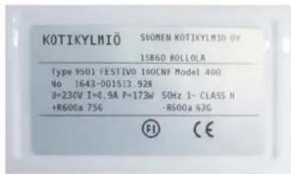 KOTIKYLMIÖ SUOMEN KOTIKYLMIÖ 0Y 15860 ROLLOLA type 9501 FESTIVO 100CNF Model 400 No 1643-001513:928 U=230V I=0.9A P=173W 50Hz 1- CLASS N +R600a 75G -R500a 63G F1 CE