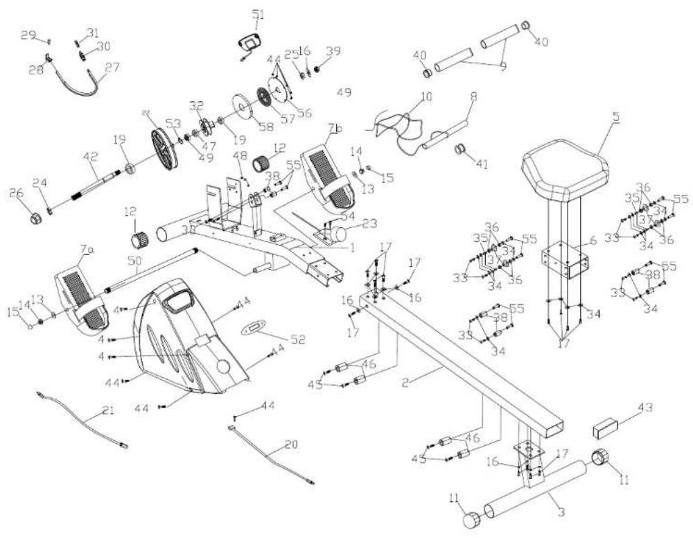 Technical diagram of a mechanical assembly with numbered components and exploded views