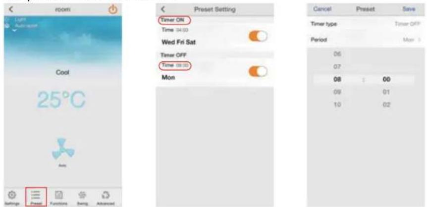 cool 25°C Options Preset Setting Timer ON Time 04:00 Wed Fri Sat Timer OFF Time 08:00 Mon Cancel Preset Save Timer type Timer OFF Period Mon 06 07 08 00 09 01 10 02