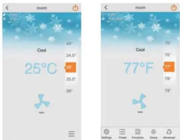 room Cool 24° 24.5° 25° 25.5° 26° Add room Cool 75° 76° 77° 78° 79° Add Settings Reset Functions Buy Advanced