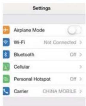 Settings Airplane Mode Wi-Fi Not Connected > Bluetooth Off > Cellular > Personal Hotspot Off > Carrier CHINA MOBILE >