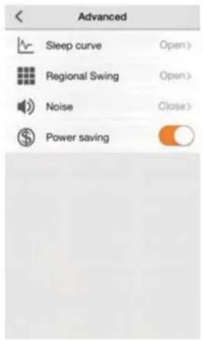 Advanced Sleep curve Open> Regional Swing Open> Noise Close> Power saving