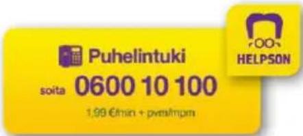 Puhelintuki soita 0600 10 100 1.99 €/min + pvs/mpn HELPSON