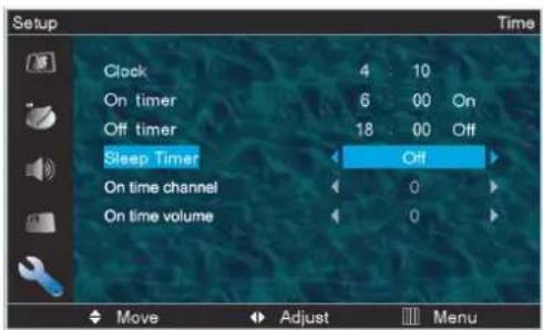 Setup Clock 4 10 On timer 6 00 On Off timer 18 00 Off Sleep Timer Off On time channel 0 On time volume 0 Move Adjust Menu