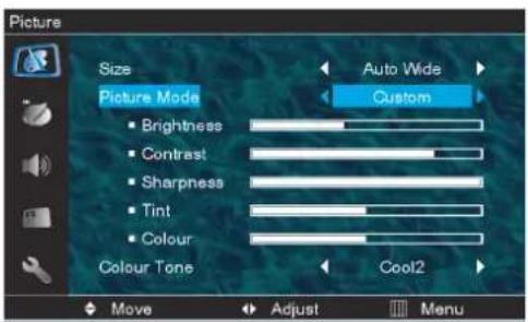 Picture Size Picture Mode • Brightness • Contrast • Sharpness • Tint • Colour Colour Tone Auto Wide Custom Cool2 Move Adjust Menu