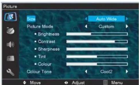 Picture Size Auto Wide Picture Mode • Brightness • Contrast • Sharpness • Tint • Colour Colour Tone Custom Cool2 Move Adjust Menu