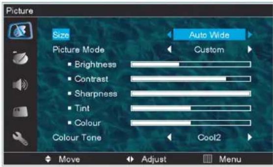 Picture Size Auto Wide Picture Mode Brightness Contrast Sharpness Tint Colour Colour Tone Custom Cool2 Move Adjust Menu