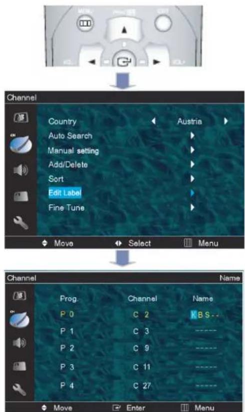 Channel Country Auto Search Manual setting Add/Delete Sort Edit Label Fine Tune Move Select Menu Channel Name Prog Channel Name P 0 C 2 KBS-- P 1 C 3 ---- P 2 C 9 ---- P 3 C 11 ---- P 4 C 27 ---- Move Enter Menu