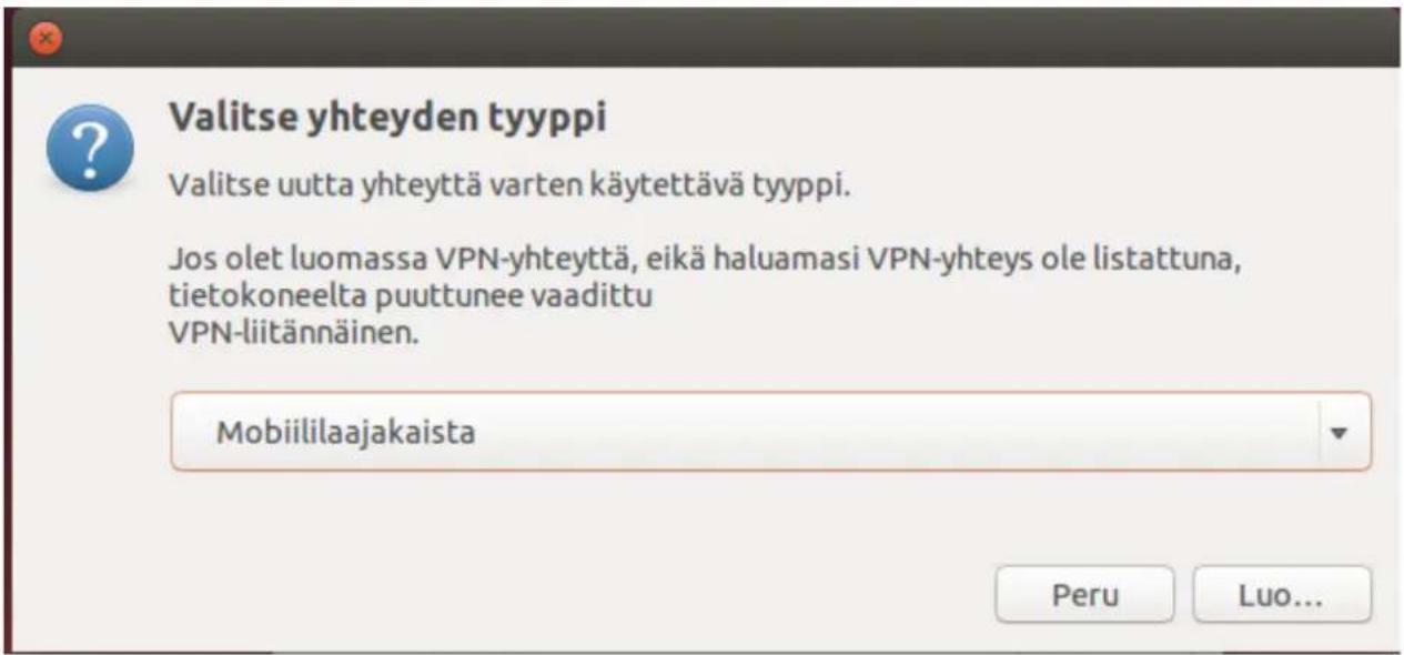 Valitse yhteyden tyyppi Valitse uutta yhteyttä varten käytettävä tyyppi. Jos olet luomassa VPN-yhteyttä, eikä haluamasi VPN-yhteys ole listattuna, tietokoneelta puuttunee vaadittu VPN-liitännäinen. Mobiililaajakaista Peru Luo...