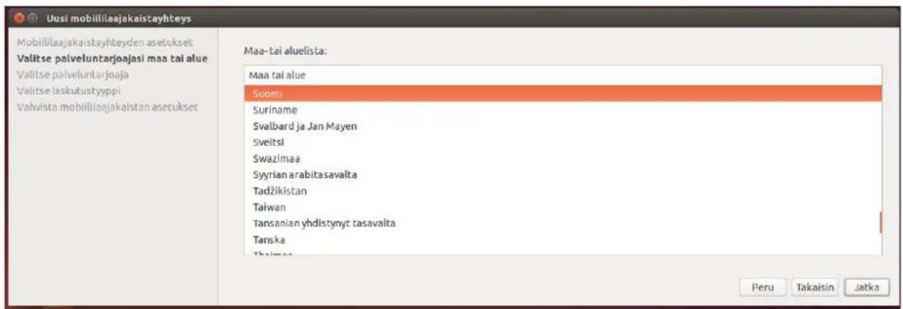 Uusi mobiillaajakaisayhteys Mobiillaajakaisayhteyden asetukset Valitse palveluntarjoajasi maa tai alue Valitse palveluntarjoaja Valitse laskutustyyppi Vahvista mobiillaajakalistan asetukset Maa-tai aluelista: Maa tai alue Suomi Suriname Svalbard ja Jan Mayen Sveitsi Swazimaa Syyrian arabitasavalta Tadžikistan Taiwan Tansanian yhdistynyt tasavalta Tanska Yhajima Peru Takaisin Jatka