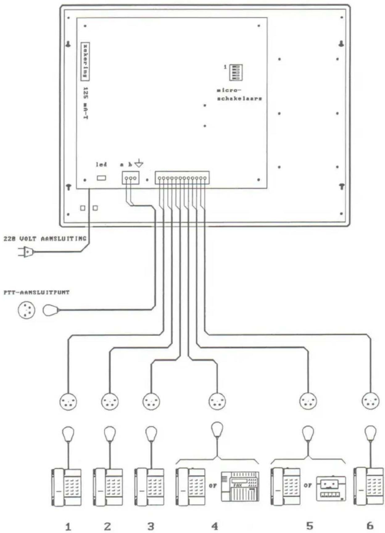 sakering 125 mH-T micro- schakelaars led a b 228 VOLT AAMSLUITING PTT-AAMSLUITPUNT 1 2 3 4 5 6