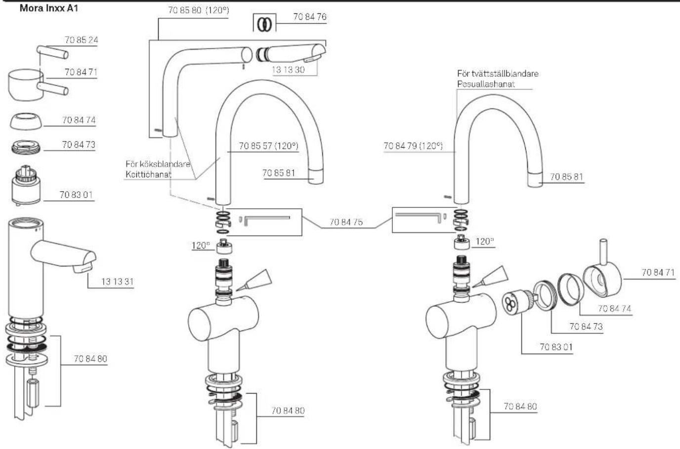 Mora Inxx A1 70 85 24 70 84 71 70 84 74 70 84 73 70 83 01 70 85 80 (120°) 70 85 80 (120°) 70 84 76 13 13 30 För köksblandare Koittöchanat 70 85 57 (120°) 70 85 81 70 84 79 (120°) 70 85 81 70 84 75 120° 70 84 71 70 84 74 70 84 73 70 83 01 70 84 80 70 84 80 För tvättställblandare Posuallashanat