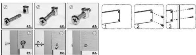 Technical diagram showing three-step assembly steps of a screw with labeled components and alignment indicators
