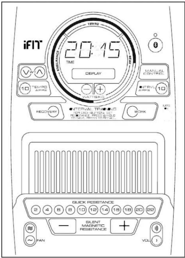 iFIT 20:15 TIME TEMP ENDURANCE DISPLAY MANUAL CONTROL 10 TEMPO APPS WATTSING 10 RETARVL APPS RECOVERY INTERVAL TRADING FOR EACH BUTTON SET RESISTANCE, FREE & TOLD TO SAVE, SPEED TO RECAUL. WORK MPC QUICK RESISTANCE 2 4 6 8 10 12 14 18 18 20 22 SILENT MAGNETIC RESISTANCE - + ~ FAN VOL