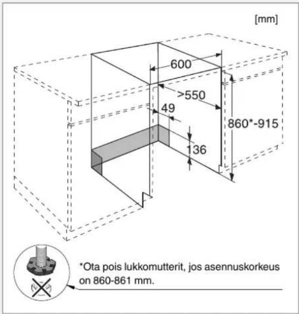 [mm] 600 >550 49 136 860*-915 *Ota pois lukkomutterit, jos asennuskorkeus on 860-861 mm.