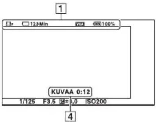 graph TD A["1"] --> B["123 Min"] B --> C["100%"] D["KUVAA 0:12"] --> E["1/125 F3.5 ± .0 ISO200"] E --> F["4"]