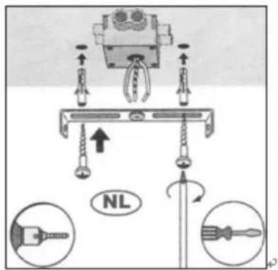 Diagram illustrating a mechanical assembly with labeled parts and directional arrows, including 'NL' and tool illustrations.