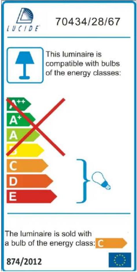 LUCIDE 70434/28/67 This luminaire is compatible with bulbs of the energy classes: A++ A+ A B C D E } The luminaire is sold with a bulb of the energy class: C 874/2012