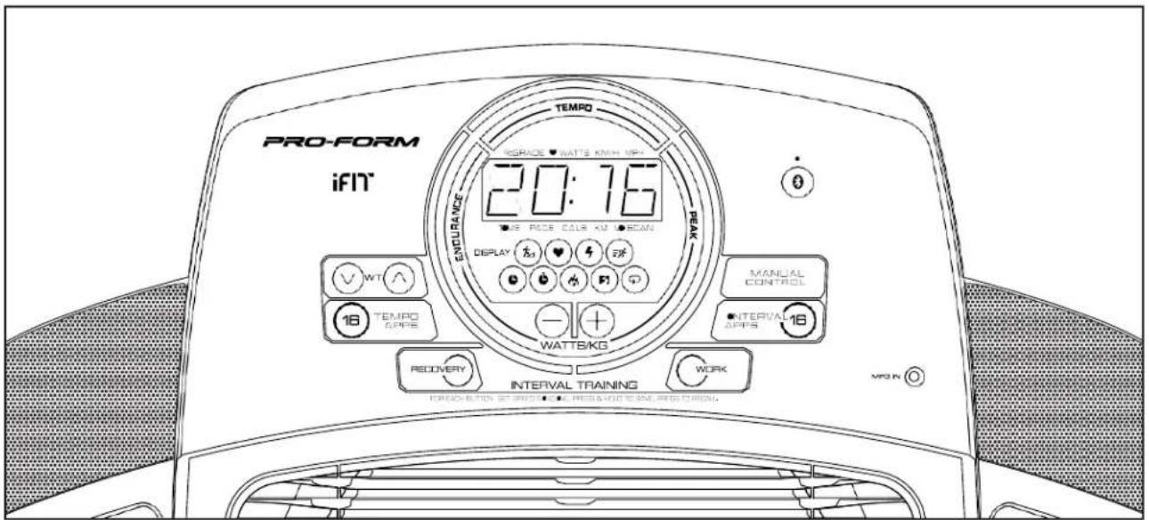 PRO-FORM iFiT TEMP0 SERVICE • MAT'S KWH MP# 20:16 • 55 PICE CALL KM • SCAN ENDURANCE DISPLAY WATTSKG MANUAL CONTROL 16 TEMPO APPS 16 INTERVAL APPS RECOVERY INTERVAL TRAINING WORK FROOD BUTTON ST #100 • MAXIMUM ON APPLICATOR. MPON