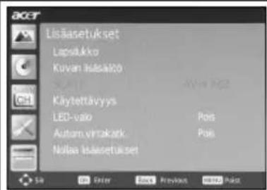 Lisäasetukset Lapslukko Kuvan lisäälö Käytettävyys LED-valo Autom.virtakatk Nullaa lisäasetukset Pos Pos