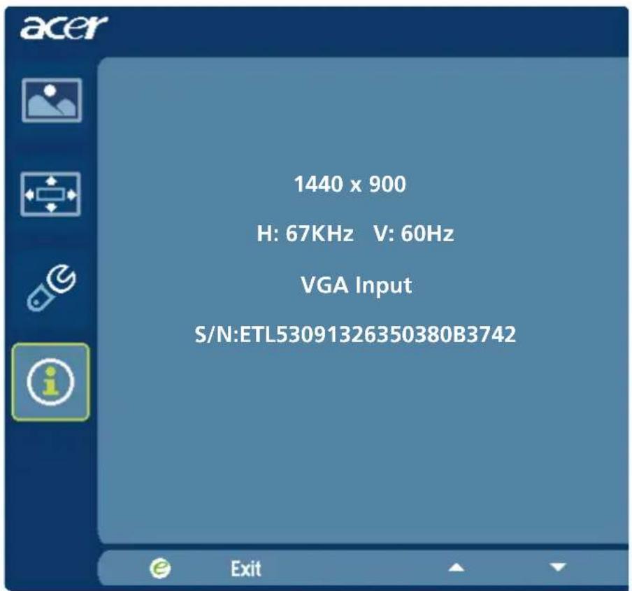 acer 1440 x 900 H: 67KHz V: 60Hz VGA Input S/N:ETL53091326350380B3742 Exit