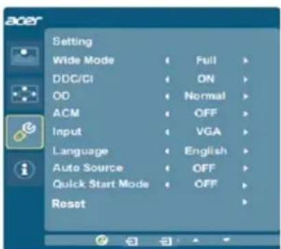 acer Setting Wide Mode Full > DDC/CI ON > OD Normal > ACM OFF > Input VGA > Language English > Auto Source OFF > Quick Start Mode OFF > Reset