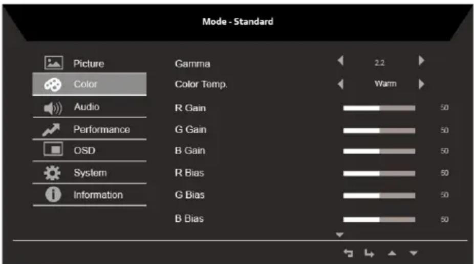 Mode - Standard Picture Color Audio Performance OSD System Information 2.2 Warm 50 G Gain B Gain R Bias G Bias B Bias