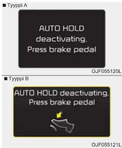 ■ Tyyppi A AUTO HOLD deactivating. Press brake pedal OJF055120L ■ Tyyppi B AUTO HOLD deactivating. Press brake pedal OJF055121L