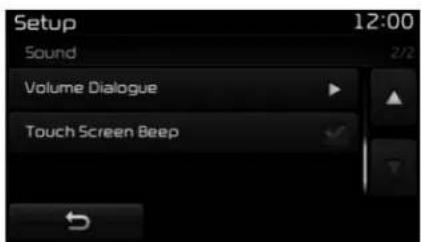 Setup 12:00 Sound 2/2 Volume Dialogue Touch Screen Beep