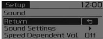 Setup 12:00 Sound Return Sound Settings Speed Dependent Vol. Off