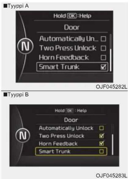 ■Tyyppi A Hold OK : Help Door Automatically Un... Two Press Unlock Horn Feedback Smart Trunk OJF045282L ■Tyyppi B Hold OK : Help Door Automatically Unlock Two Press Unlock Horn Feedback Smart Trunk OJF045283L