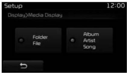 Setup 12:00 Display>Media Display Folder File Album Artist Song