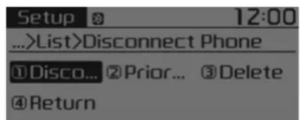 Setup 8 12:00 ...>List>Disconnect Phone ①Disco... ②Prior... ③Delete ④Return