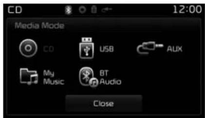 CD 12:00 Media Mode CD USB AUX My Music BT Audio Close