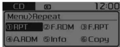 CD 12:00 Menu>Repeat ①RPT ②F.RDM ③F.RPT ④A.RDM ⑤Info ⑥Copy