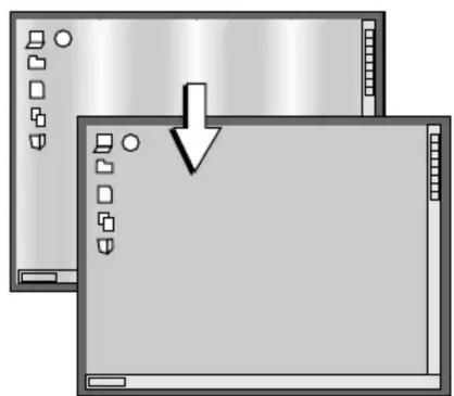 Two overlapping computer monitors with icons and a downward arrow, no visible text or symbols