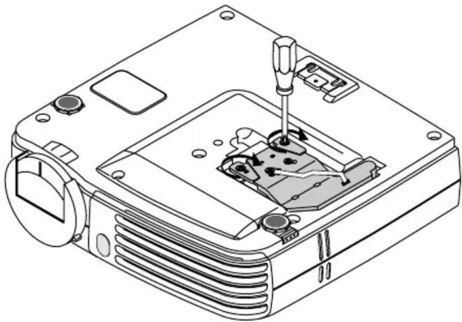 Technical line drawing of a projector with screwdriver inserted into the base (no text or symbols)