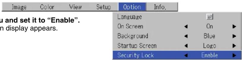 Image Color View Setup Option Info. Language On Screen On Background Blue Startup Screen Logo Security Lock Enable
