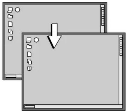 Two overlapping computer monitors with icons and a downward arrow, no text or symbols present