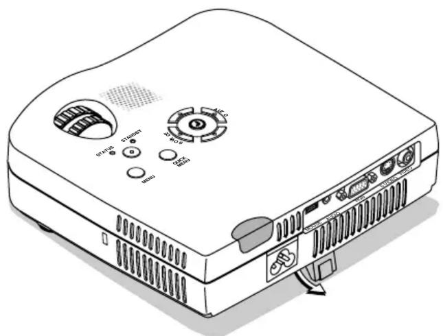 Line drawing of a portable projector with control knobs and buttons (no text or symbols)